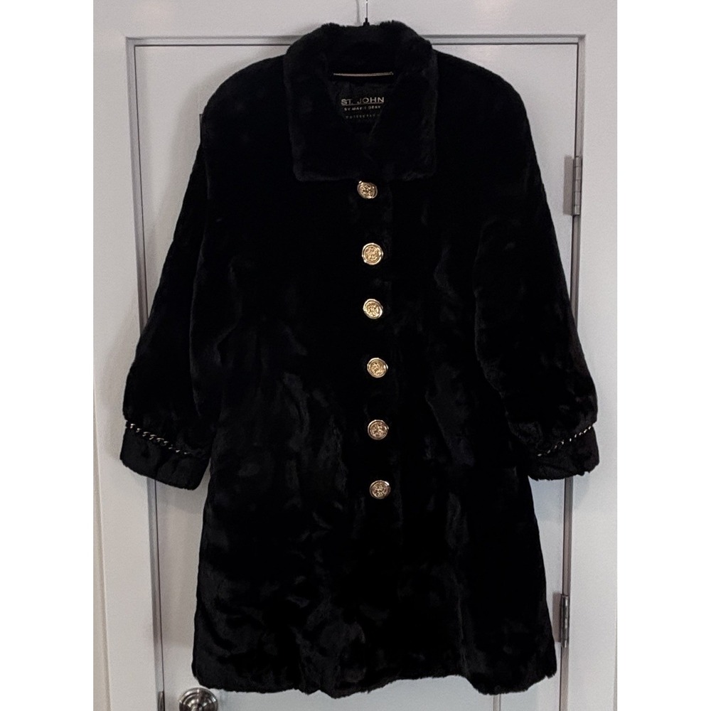 St. John Collection by Marie Gray Black Faux Fur Coat Made in France Size Medium